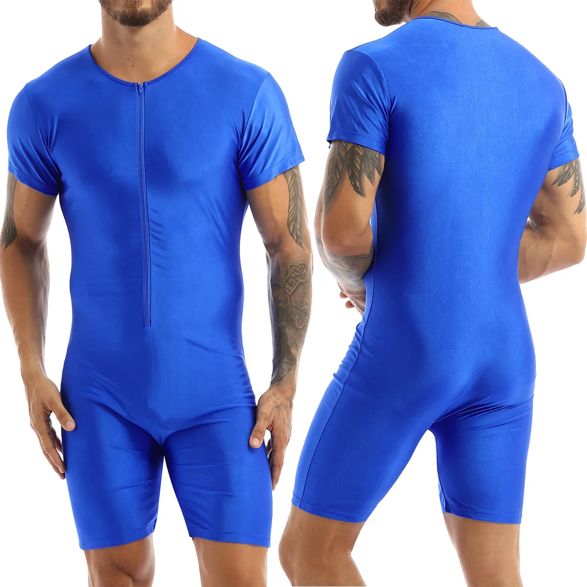 Men's Soft Swimwear Bodysuit, Short Sleeve Zipper Boxer Jumpsuit, Rash Guard Wetsuit for Pool, Beach, and Surfing