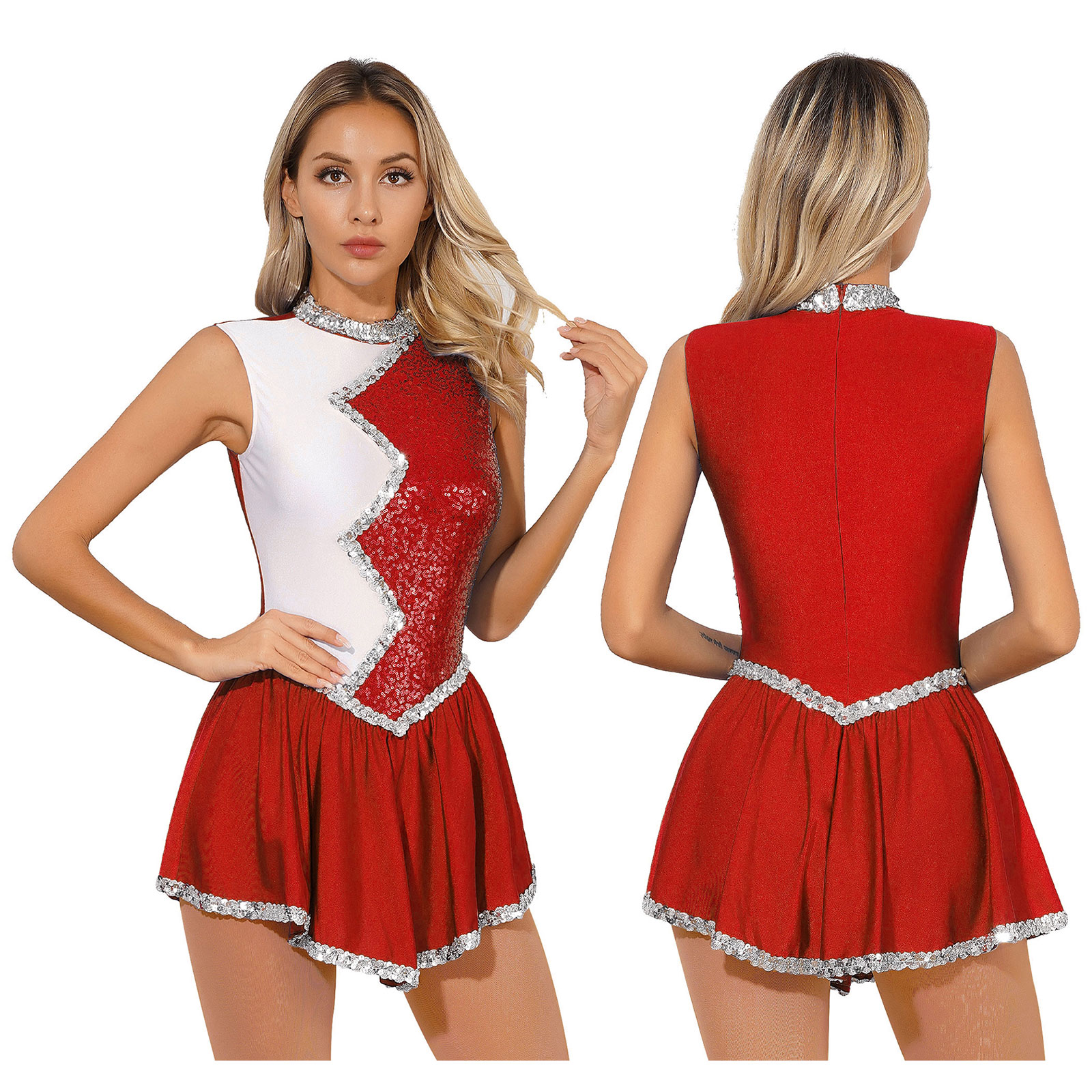 Women Figure Skating Dress Gymnastics Cheerleading Performance Costume Sleeveless Shiny Sequin Leotard