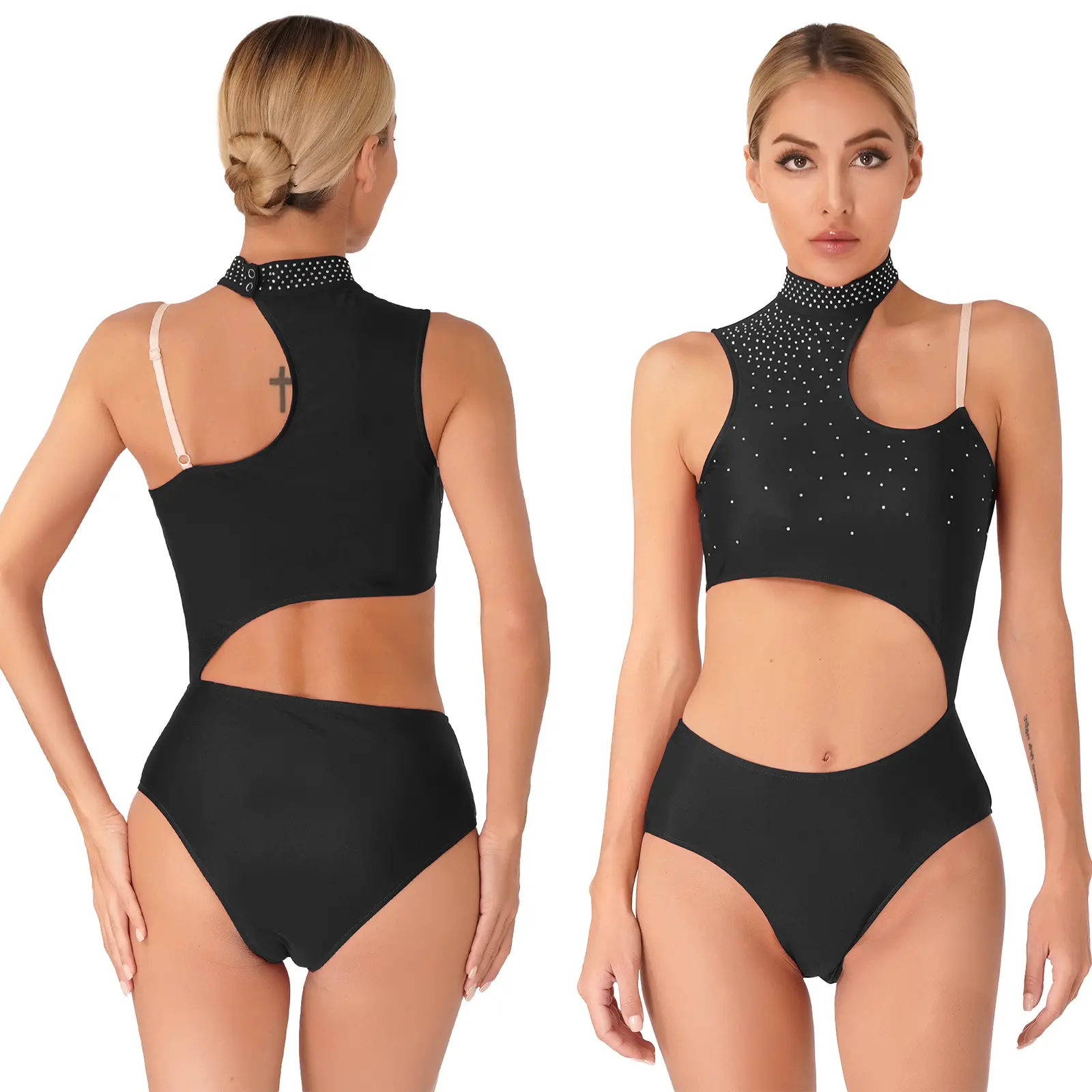 Womens Leotard Figure Skating Costume Sleeveless Glitter Rhinestone Hollow Out Bodysuit