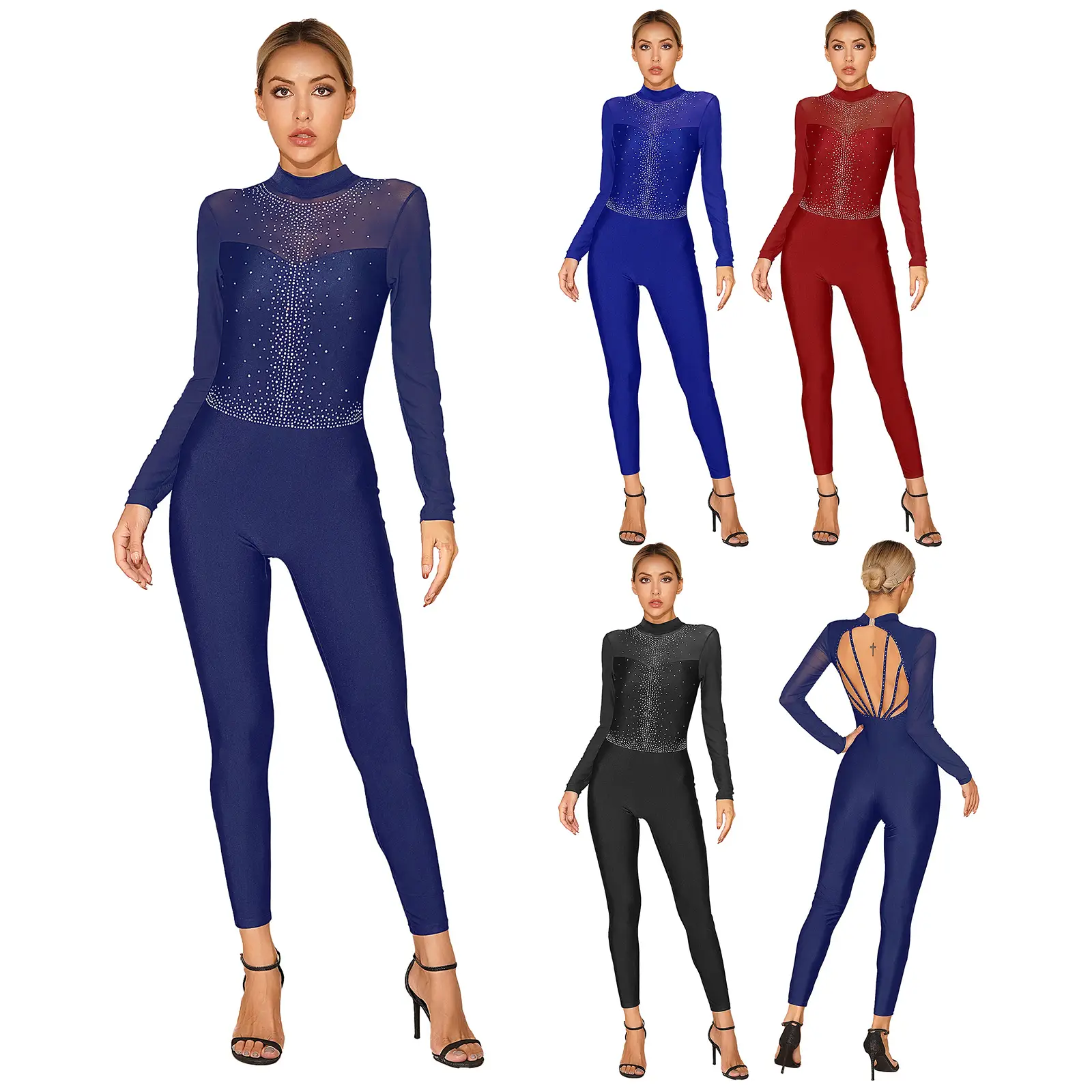 Womens Glitter Rhinestone Sheer Mesh Long Sleeve Unitards Jumpsuit Figure Skating Costume