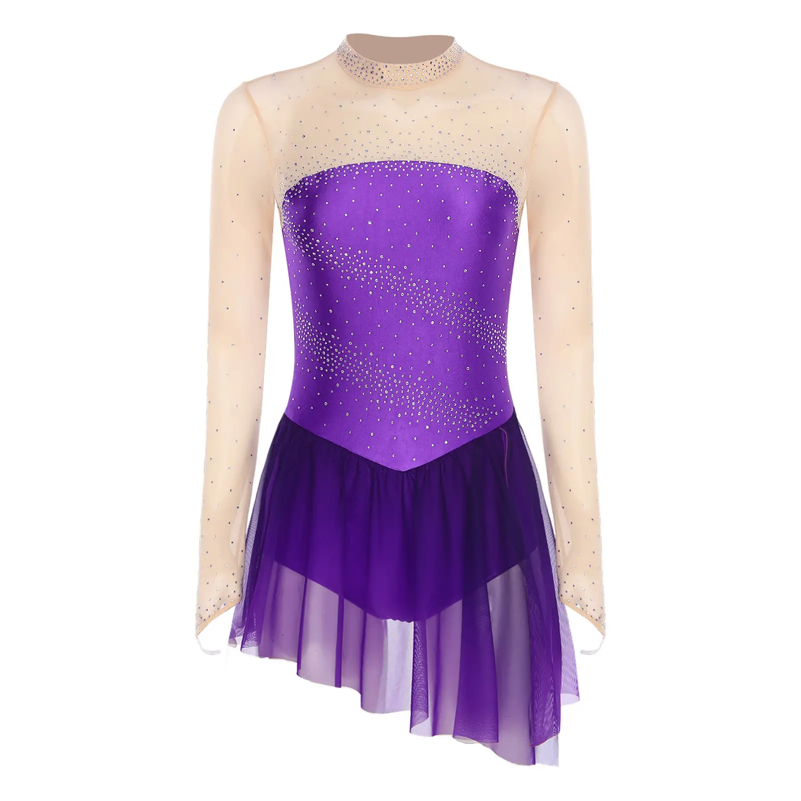 Women Figure Skating Dress Long Sleeve Rhinestones Sheer Mesh Leotard Dresses