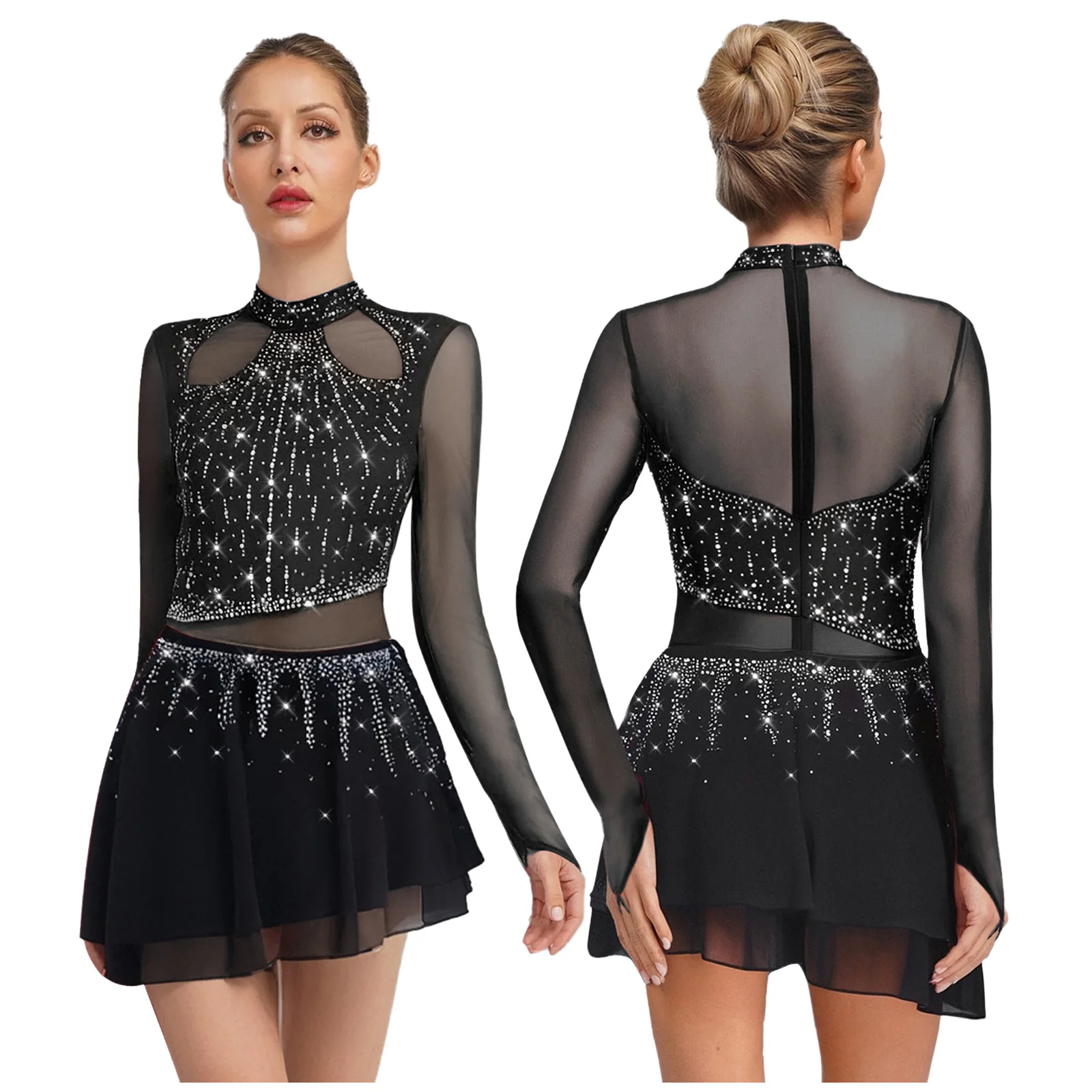 Women Long Sleeve Chiffon Skirt Leotard Dress Figure Skating Performance Costume