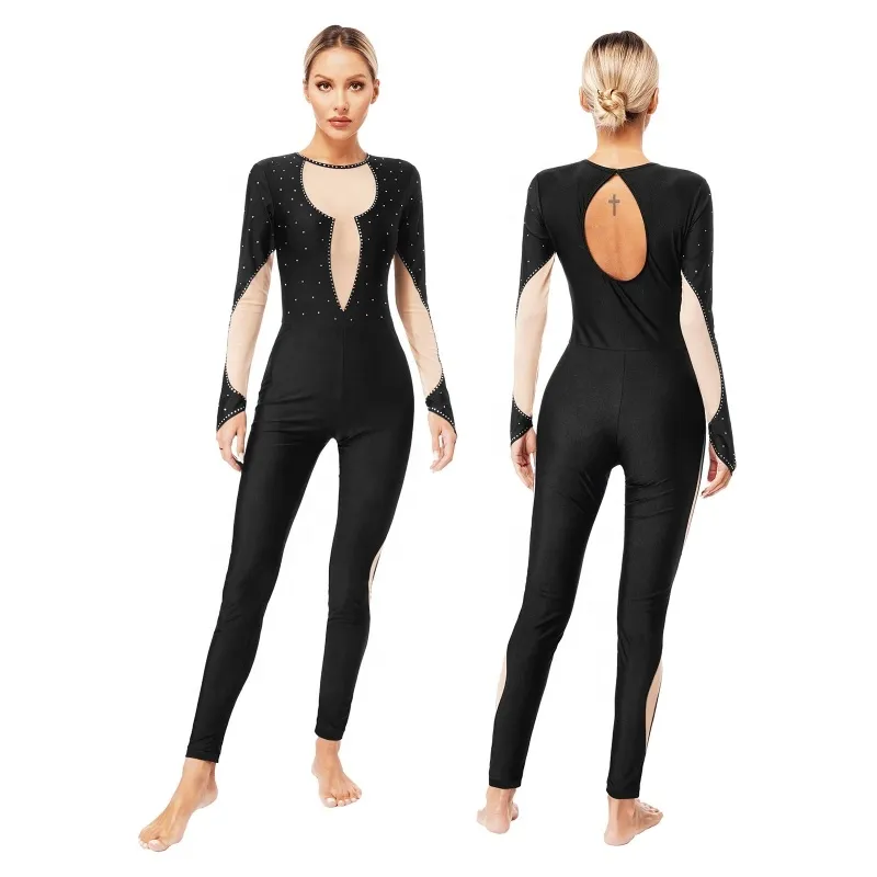Womens Long Sleeve Leotard Jumpsuit Bodysuit for Figure Skating Dance Gymnastics Performance Costume