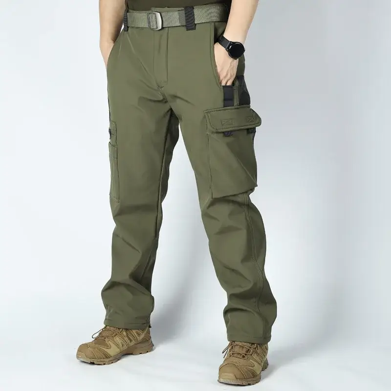 Men Softshell Tactical Cargo Pants Autumn Winter Waterproof Warm Hiking Fleece Trousers