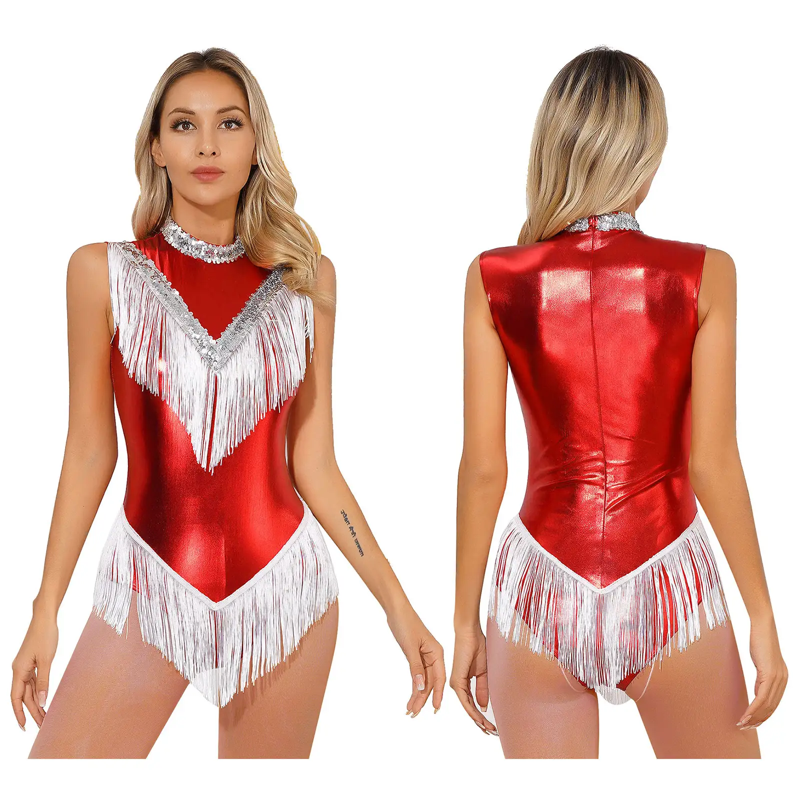 Womens Leotard Dress Rhinestones Fringe Skating Tassel Bodysuit Gymnastics Dancewear