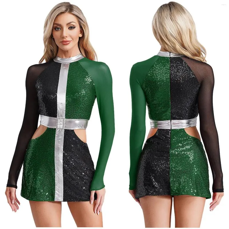 Women's Figure Skating Long Sleeve Hollow Out Sequins Slim Fit