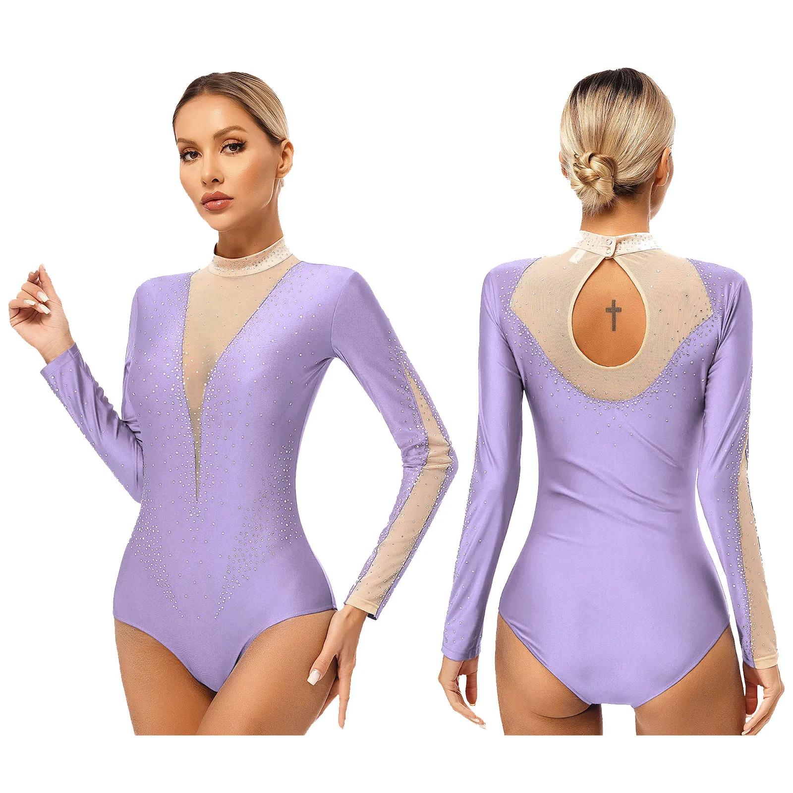 Stage Wear Women Ballet Gymnastic Leotard Long Sleeve Rhinestones Bodysuit Tops Dancewear For Figure Skating Acrobatics Performance Costume
