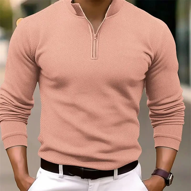 Mens V-Neck Long Sleeved Zipper Sports Shirt Hooded Polo Shirt Spring And Autumn Thin Mens Casual Shirt