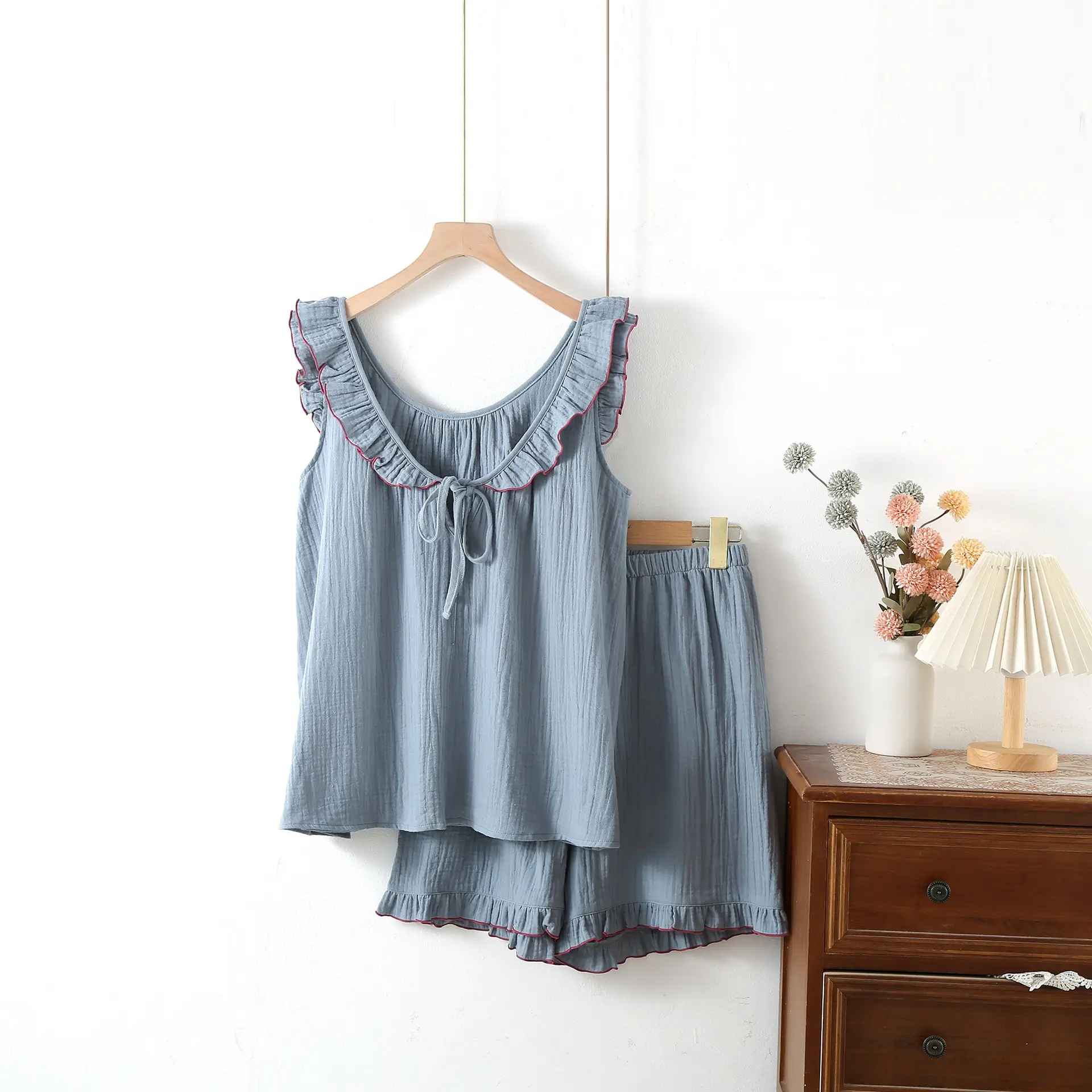 Summer lace Sleepwear Women's Thin Short Sleeve Home Clothes Set Can Wear out Short Pants Cotton Home