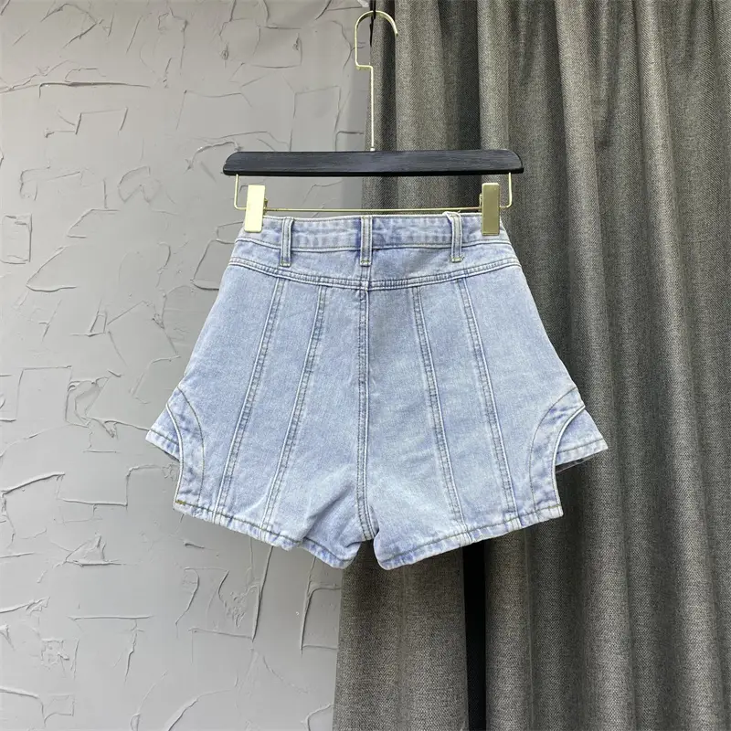 Women's Shorts Fashionable High Waist Stitching Solid Color Irregular A-Line Wide Leg Denim Shorts