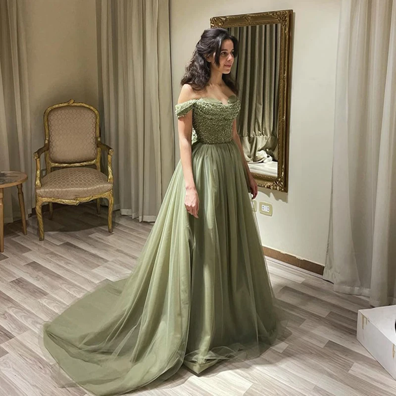 Green Elegant Off Shoulder Evening Dresses for Women Luxury Beaded Long Dresses Party Gown