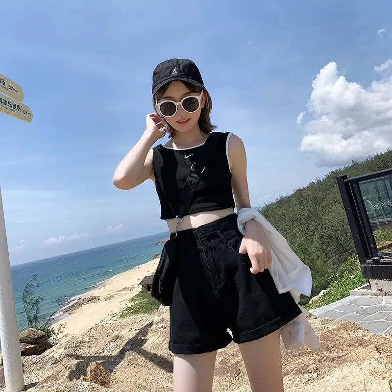 Retro Casual Elegant Fashion Sexy Wide Leg Korean Style High Waist Summer Women's Denim Shorts