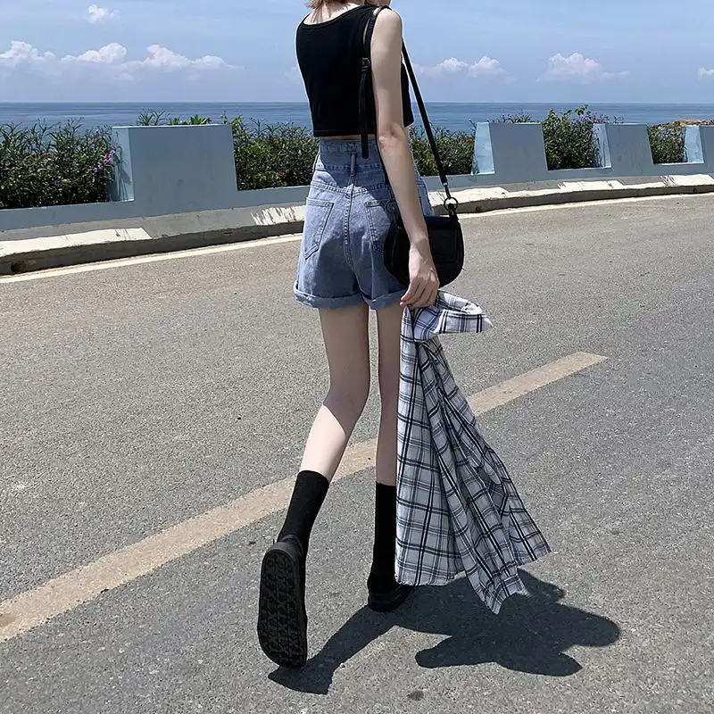 Retro Casual Elegant Fashion Sexy Wide Leg Korean Style High Waist Summer Women's Denim Shorts