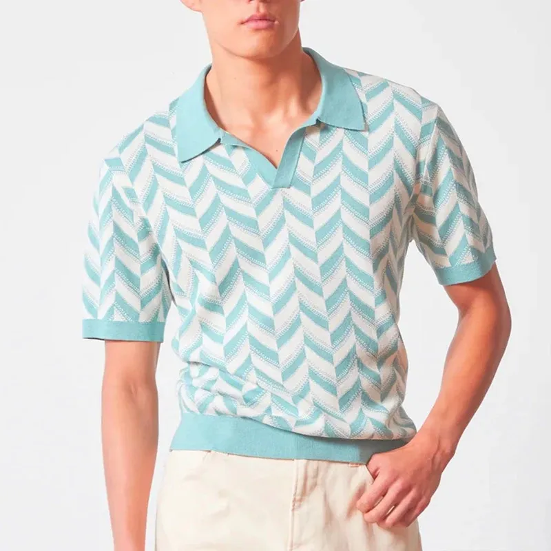 Men's Jacquard Knitted Polo Shirt Summer Short Sle...