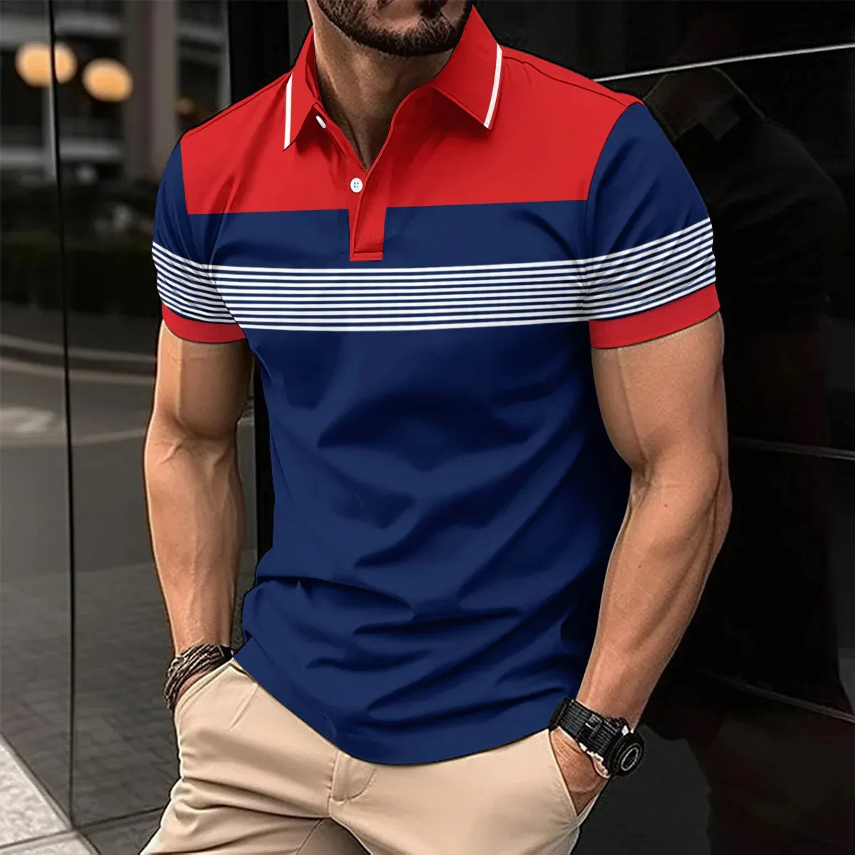 Men's Casual Polo Shirt V-neck Button Business Str...