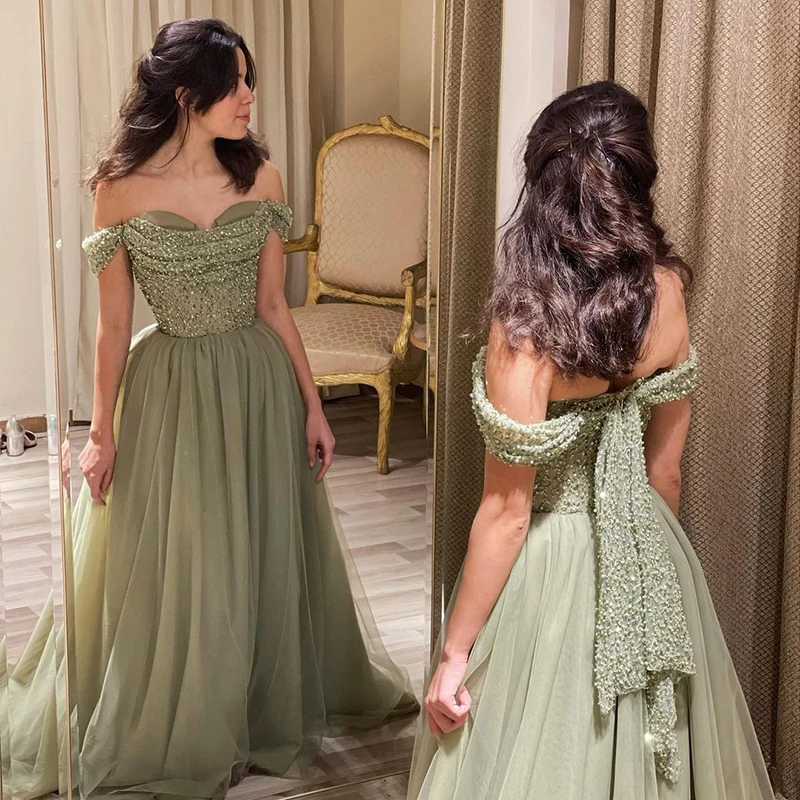 Green Elegant Off Shoulder Evening Dresses for Women Luxury Beaded Long Dresses Party Gown
