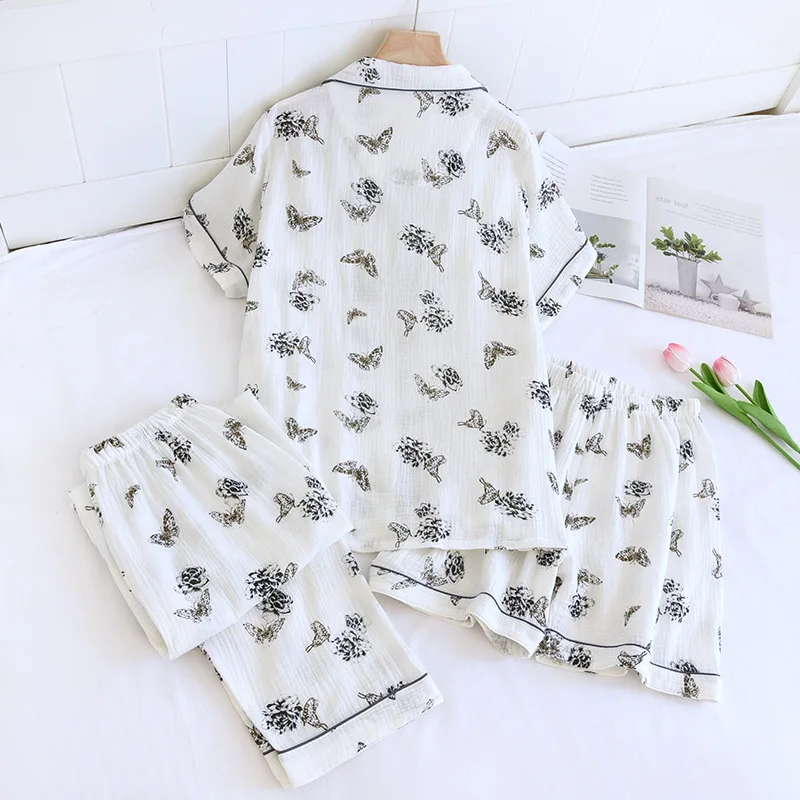 Lounge Pure Cotton Sleepwear Women's Pajamas Set Printed Short Sleeve Three Pieces Suit Spring Summer Home Wear Pyjamas