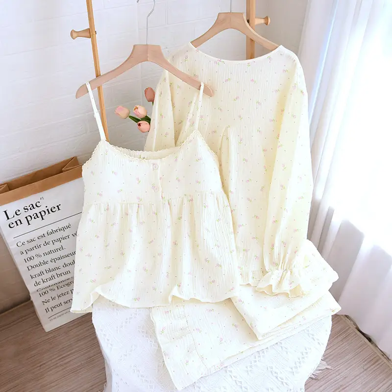 Pure Cotton 3 Pieces Set Home Suit Sleepwear Women's Pajamas Pyjamas Spring Summer Floral Nightwear For Women Loungewear