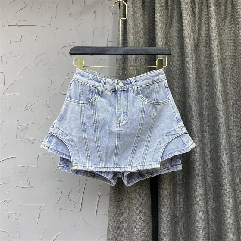 Women's Shorts Fashionable High Waist Stitching Solid Color Irregular A-Line Wide Leg Denim Shorts