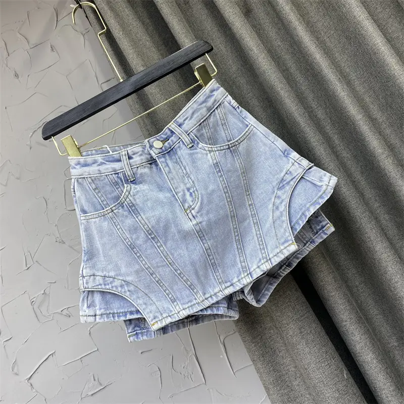 Women's Shorts Fashionable High Waist Stitching Solid Color Irregular A-Line Wide Leg Denim Shorts