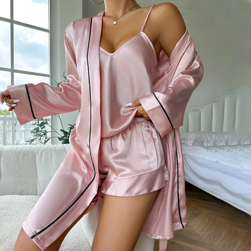 Ice Silk Pajamas Women's Suspender Shorts Nightgown Three-Piece Set Summer Comfort Can Be Worn Outside Loungewear
