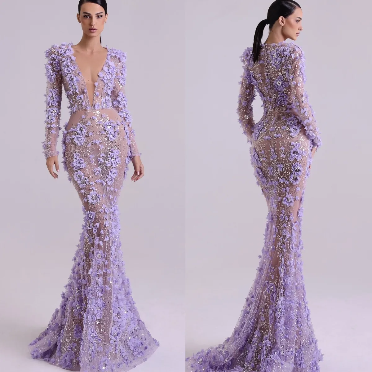 Gorgeous Appliqued Mermaid Evening Dresses Plunging V Neck Long Sleeves Evening Gown Floor Length Dresses For Special Occasions