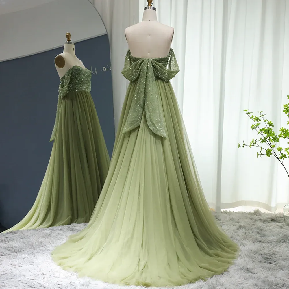 Green Elegant Off Shoulder Evening Dresses for Women Luxury Beaded Long Dresses Party Gown
