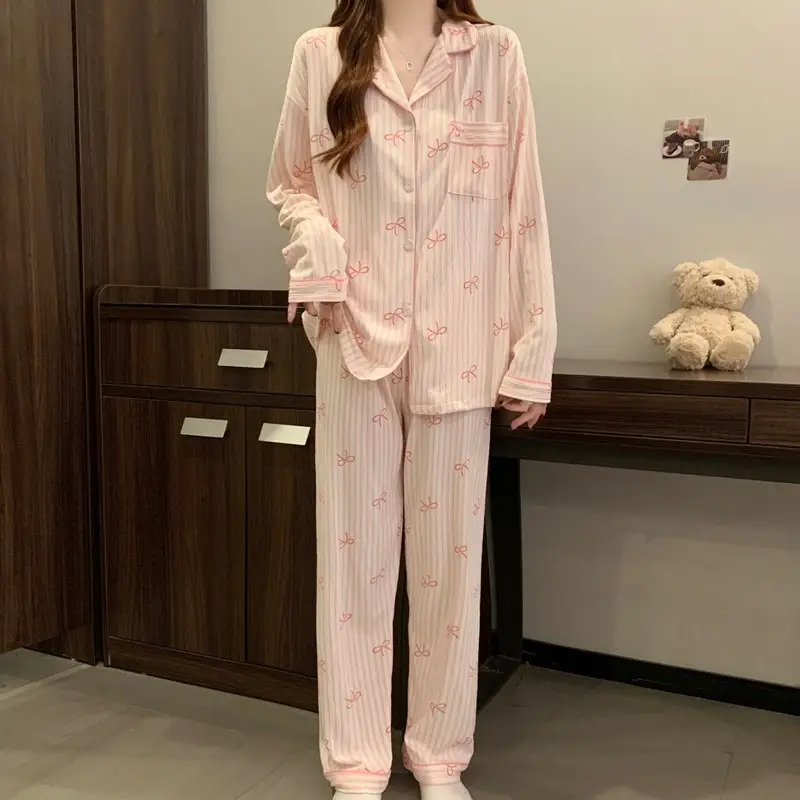 Striped Nightwear Women High Quality Spring and Summer Cardigan Pajamas Casual Set Loungewear Two Piece Set Sleepwear