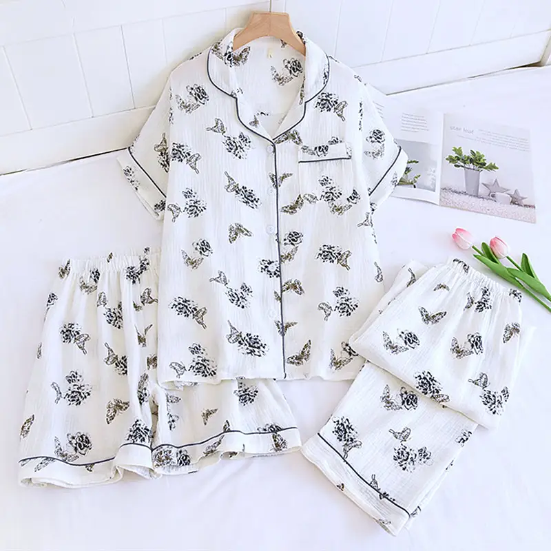 Lounge Pure Cotton Sleepwear Women's Pajamas Set Printed Short Sleeve Three Pieces Suit Spring Summer Home Wear Pyjamas