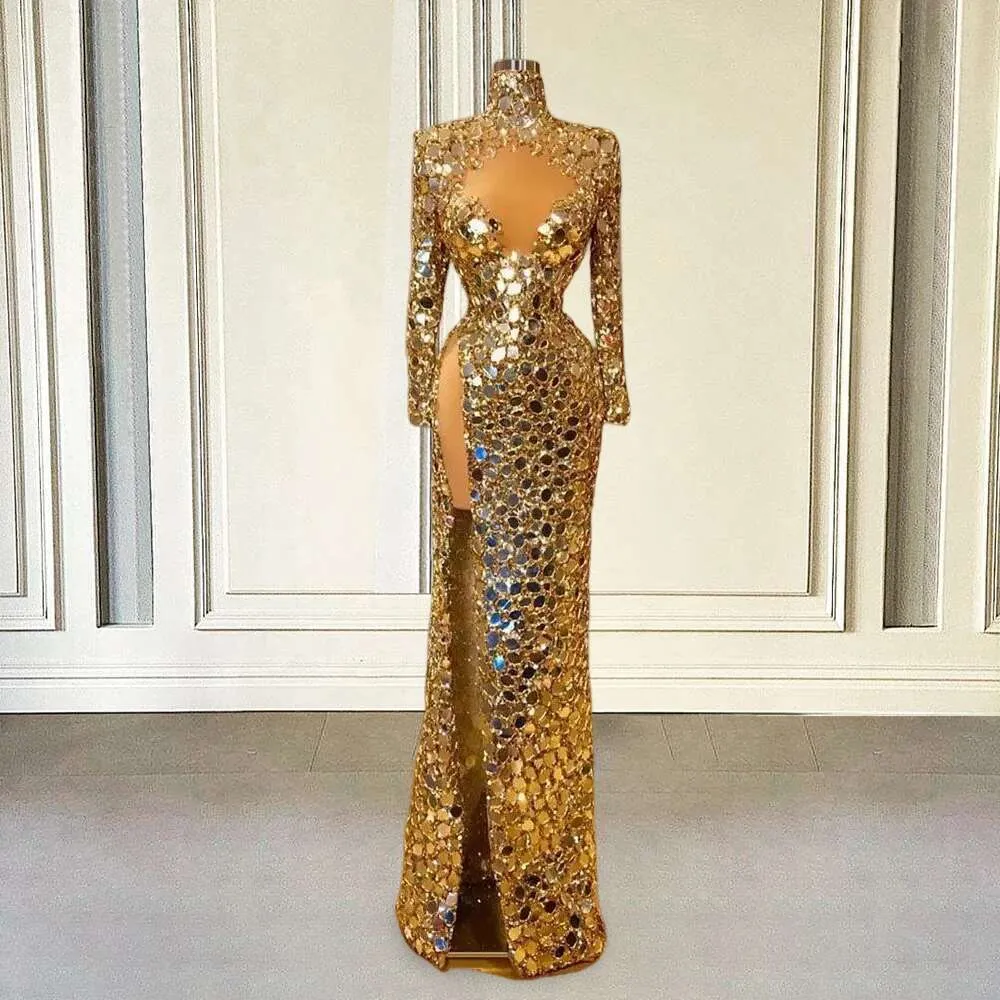 Gold Mirror Sequin Evening Dresses Mermaid Beads H...