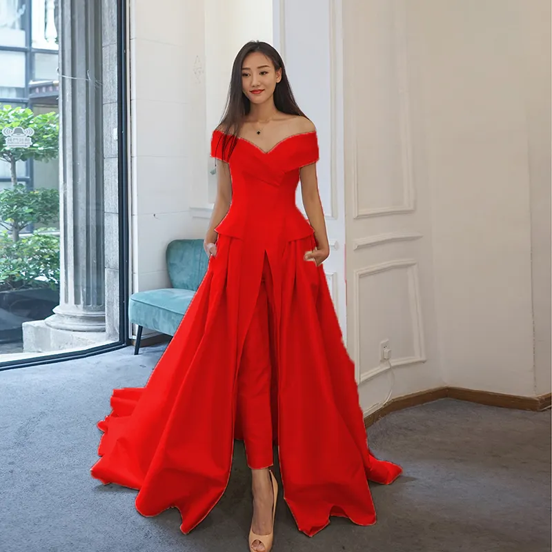 Women Jumpsuit With Long Train White Evening Dress...