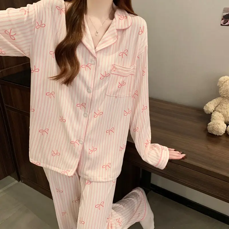 Striped Nightwear Women High Quality Spring and Summer Cardigan Pajamas Casual Set Loungewear Two Piece Set Sleepwear