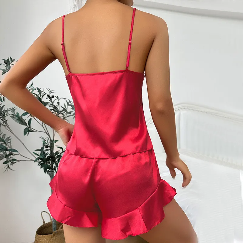 Ice Silk Pajamas Women's Suspender Shorts Nightgown Three-Piece Set Summer Comfort Can Be Worn Outside Loungewear