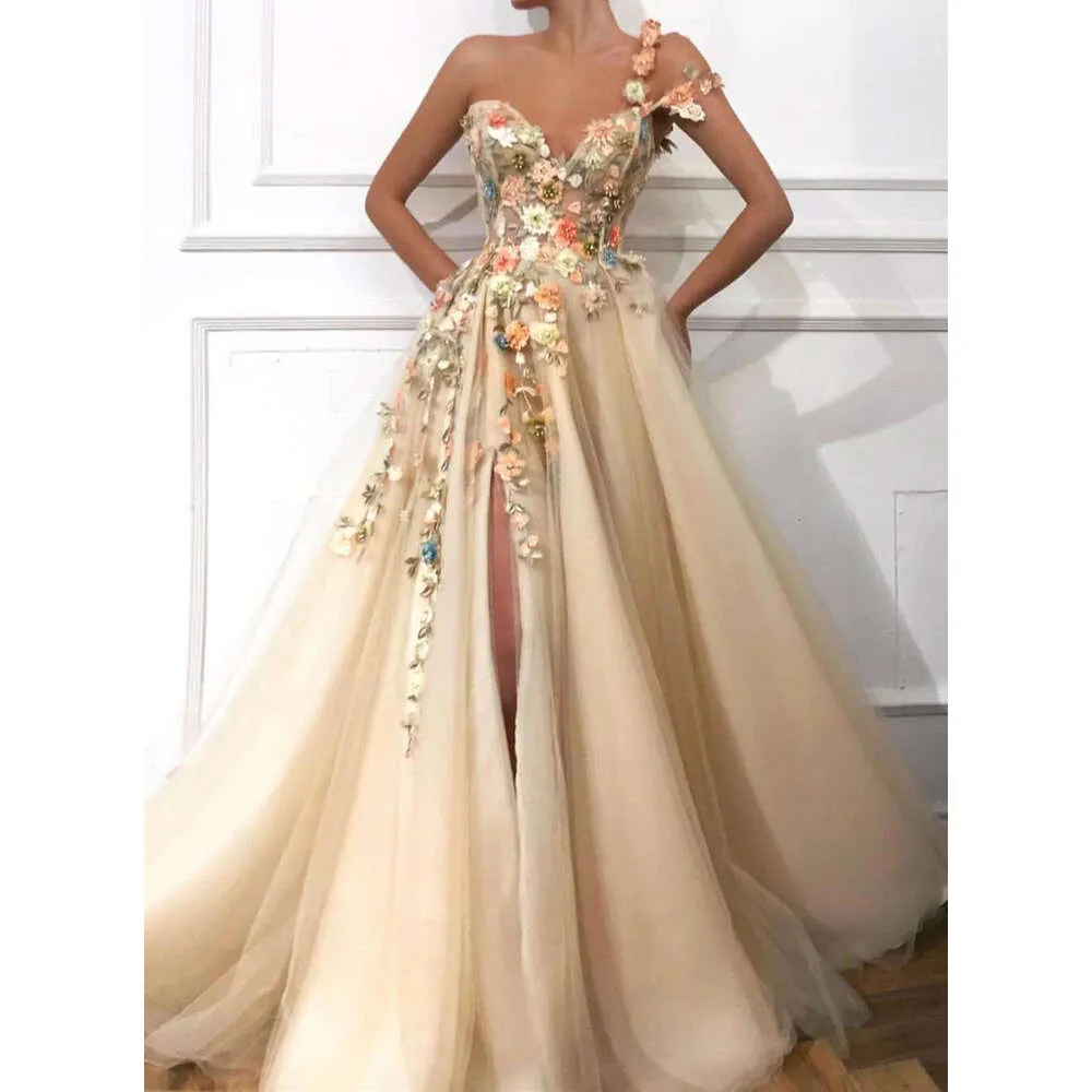 One Shoulder Soft Tulle Evening Dress Women A Line...