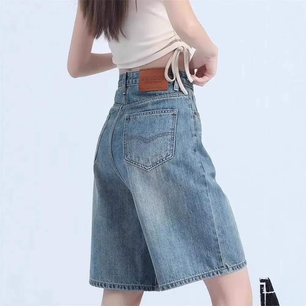Fashion Simple High Waist Denim Shorts Women's Summer Thin Straight Wide Leg Mid-Length Pants