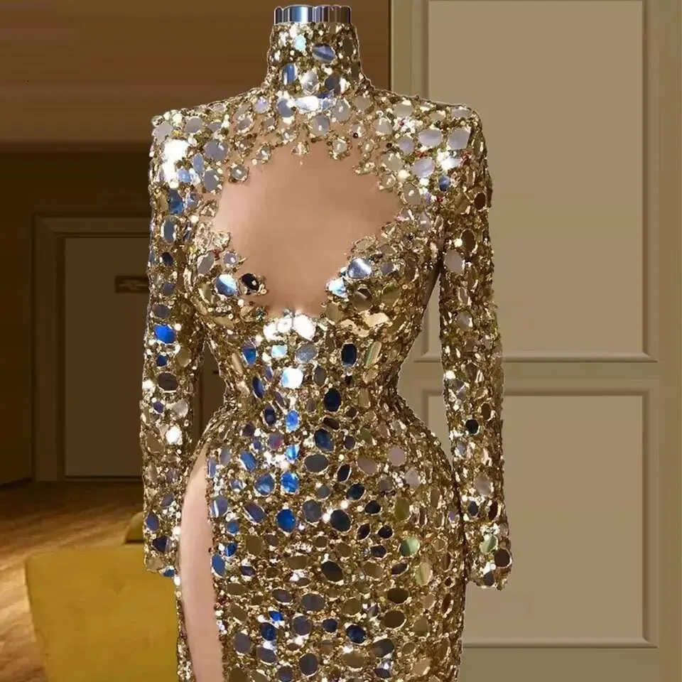 Gold Mirror Sequin Evening Dresses Mermaid Beads High Slit Sexy  Women Formal Prom Party Gown