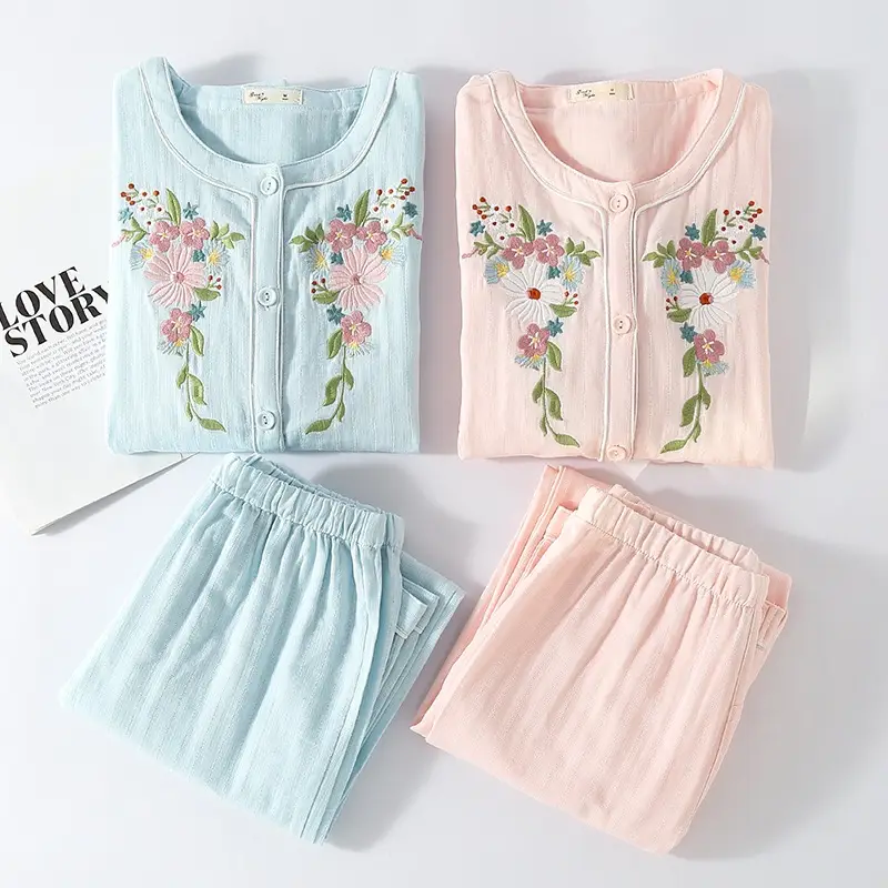 Women 100%Cotton Pajama Style Sleepwear Nightwear embroidery Summer Women's Short Sleeved Long Pants Cardigan Pajama Set