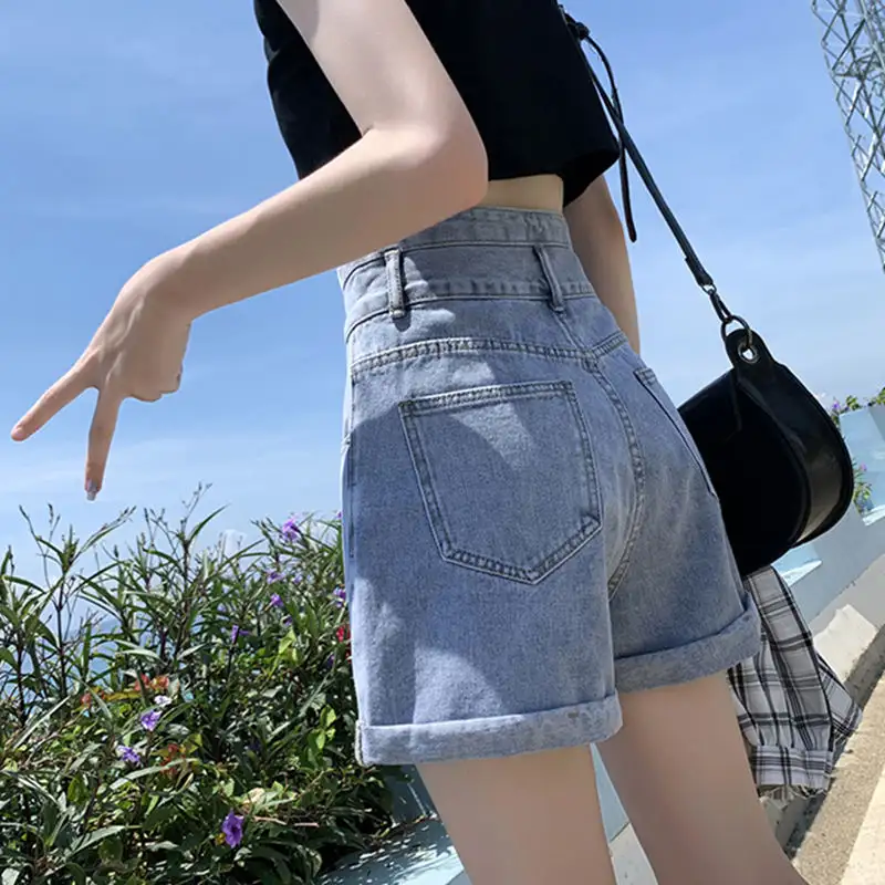 Retro Casual Elegant Fashion Sexy Wide Leg Korean Style High Waist Summer Women's Denim Shorts