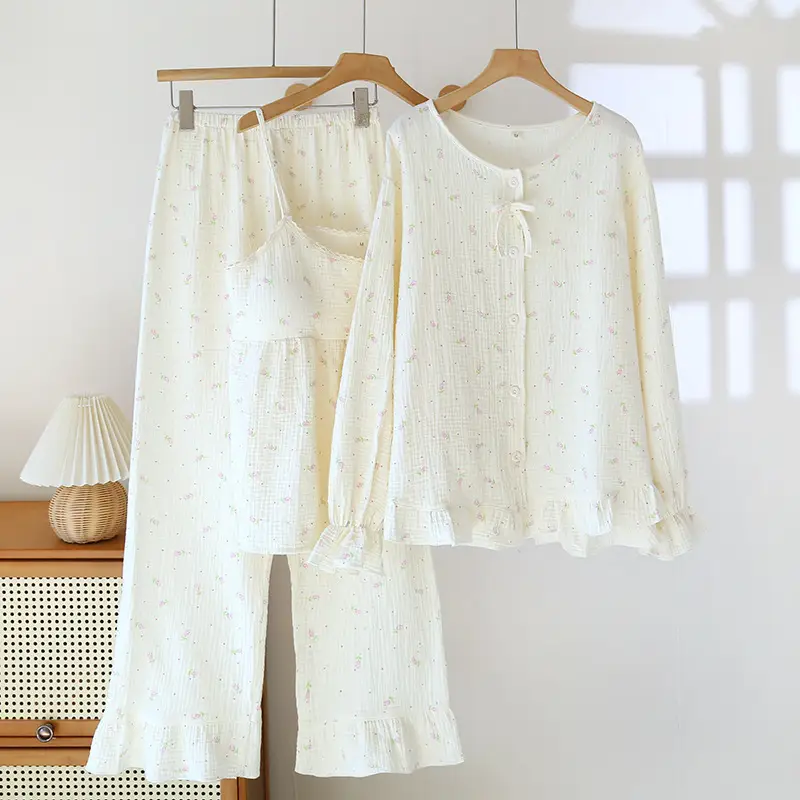 Pure Cotton 3 Pieces Set Home Suit Sleepwear Women...