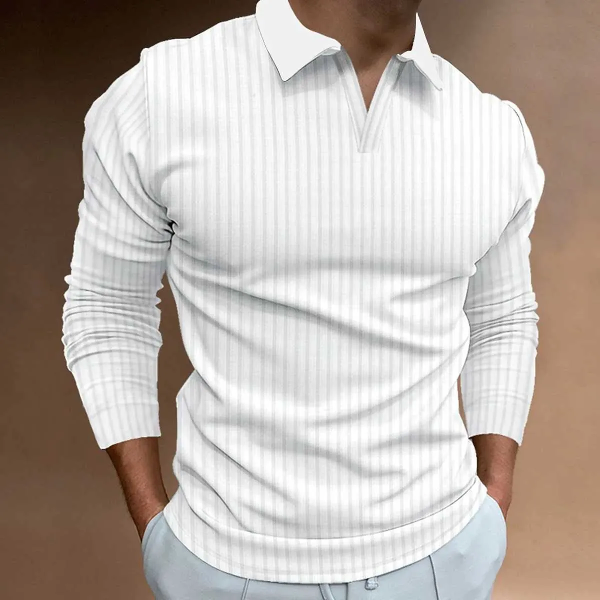 Mens New Autumn Fitness Business Casual Standing Collar Long Sleeve Vertical Strip V-neck Polo Shirt