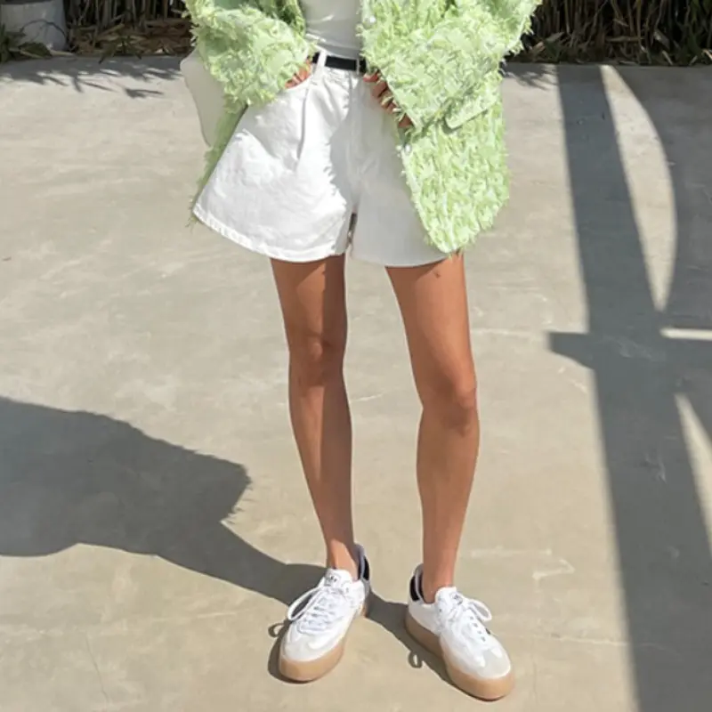 Summer washed high waist A-line denim shorts women pocket white casual loose wide leg jeans shorts women