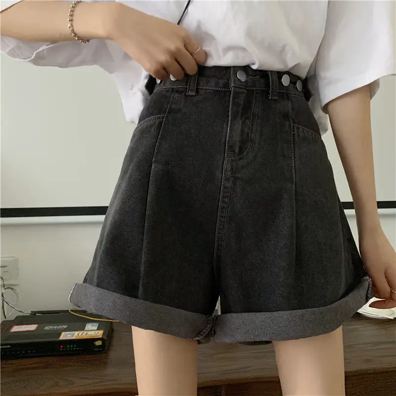 Women's High Waist Denim Shorts Wide Leg Straight Shorts Retro Street Slim Women Casual