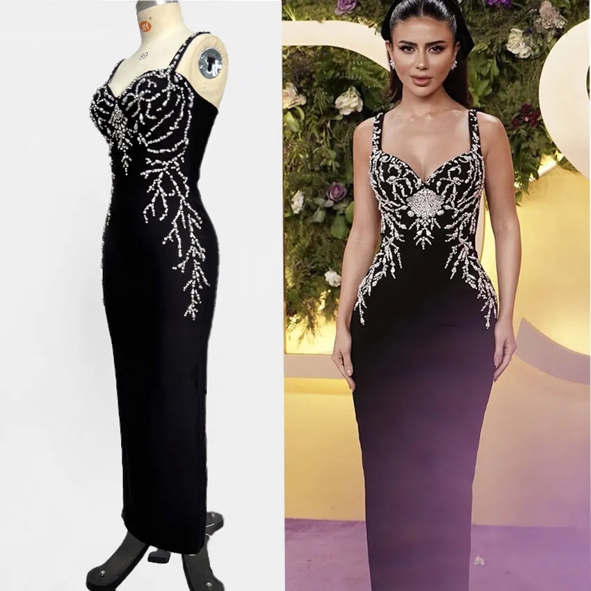 Black Bandage Casual Party Evening Dresses Strap Sheath Woman Formal Gowns Beading Elegant Specail Occasion Dress With Beads