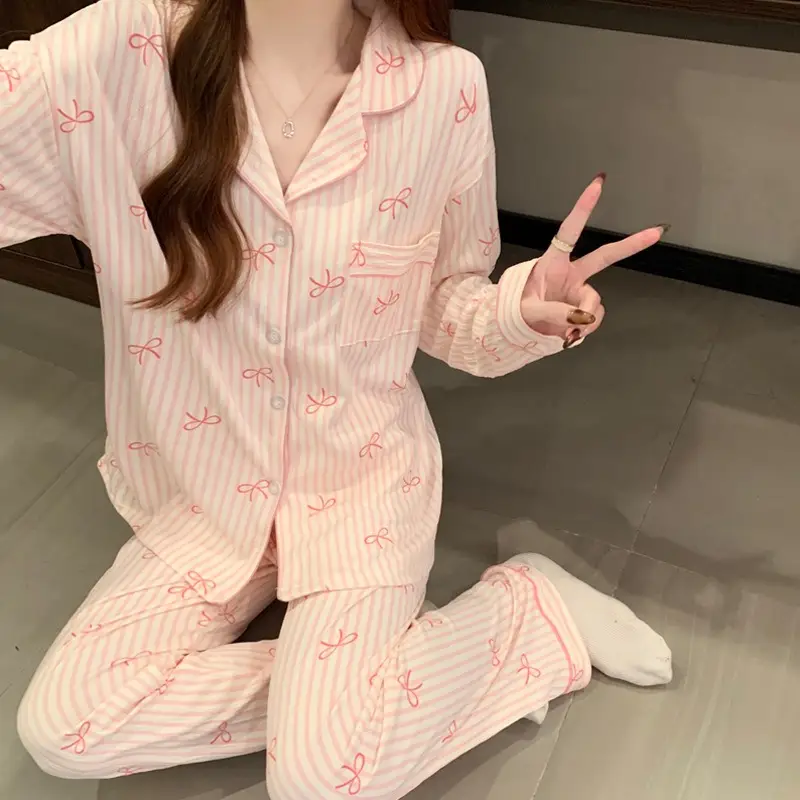 Striped Nightwear Women High Quality Spring and Summer Cardigan Pajamas Casual Set Loungewear Two Piece Set Sleepwear