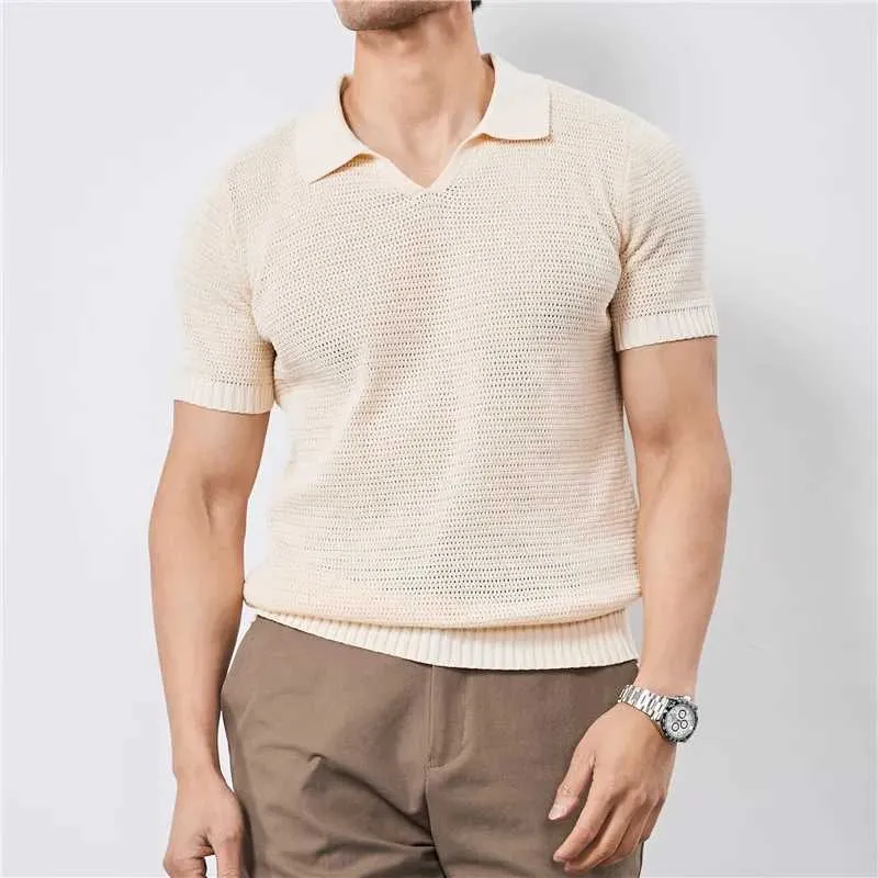 Men's Summer Knitted Polo Shirt Korean Slim Fit V-...