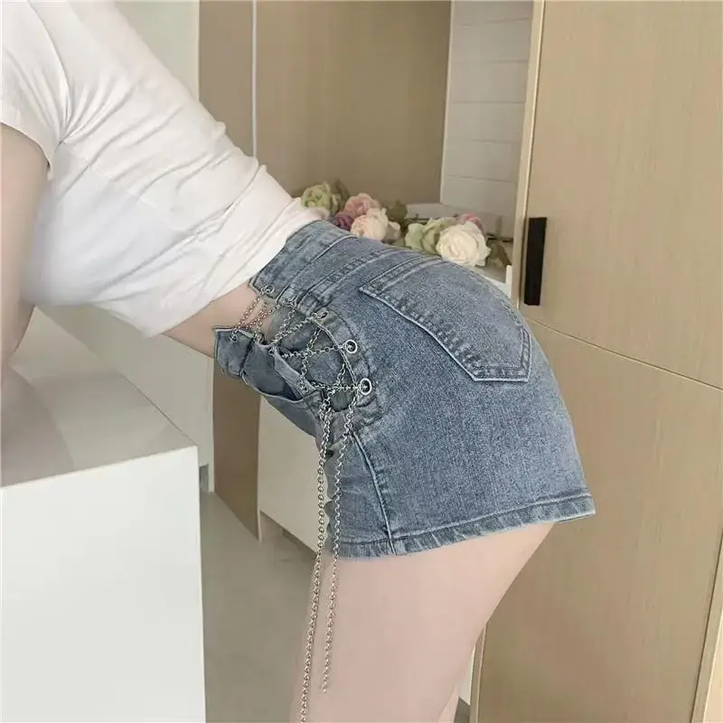 Women's Summer Side Hollow Design A-Line Denim Shorts Young Girls Fashion Casual Feminine Retro Side Shorts