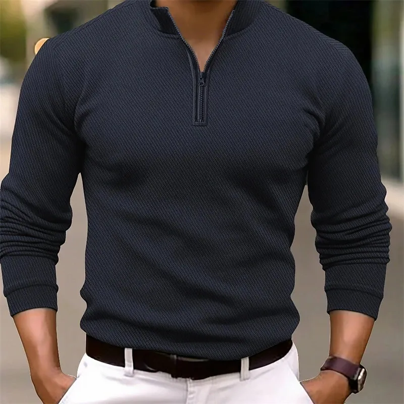 Men's Long Sleeve V-neck Polo Shirt Zipper Sports ...