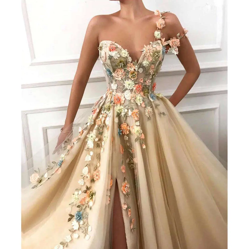 One Shoulder Soft Tulle Evening Dress Women A Line Party Prom Gown High Split Flower Applique Sleeveless