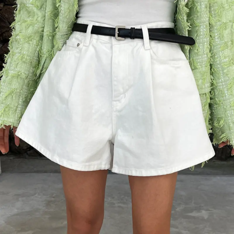 Summer washed high waist A-line denim shorts women pocket white casual loose wide leg jeans shorts women