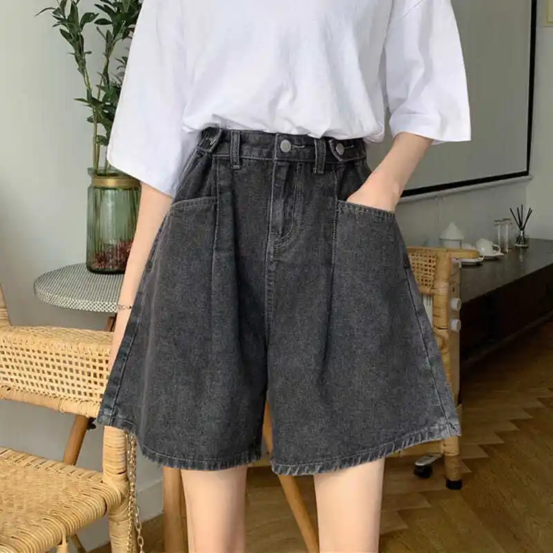 Women's High Waist Denim Shorts Wide Leg Straight Shorts Retro Street Slim Women Casual